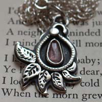 Cashmere leaf, botanical necklace in silver and pink sapphire