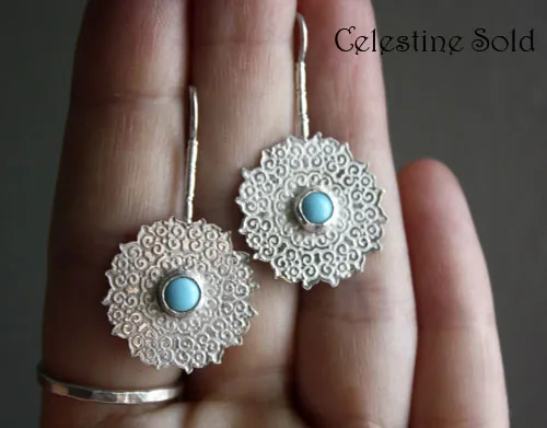 Celestine, indian mandala earrings in silver and turquoise