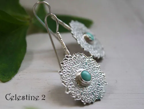 Celestine, indian mandala earrings in silver and turquoise