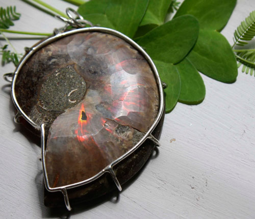 Cephalopod, witness to history pendant in silver and ammonite