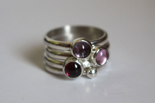 Cherry blossom, stackable ring in silver garnet, alexandrite and zircon