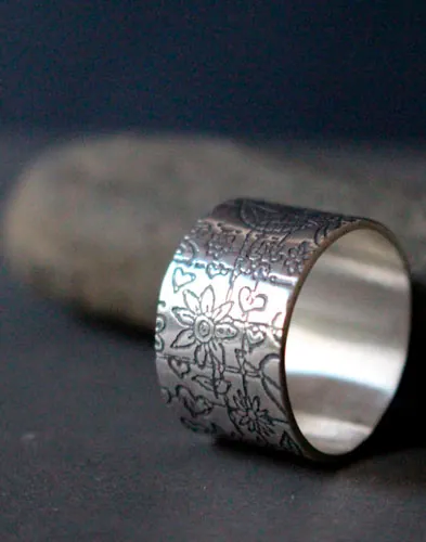 Children’s garden, childlike drawing ring in sterling silver