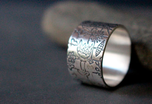 Children’s garden, childlike drawing ring in sterling silver