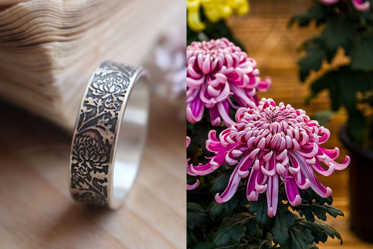 Chrysanthemum, sun flower ring in silver