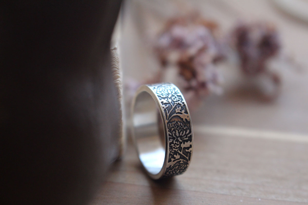 Chrysanthemum, sun flower ring in silver