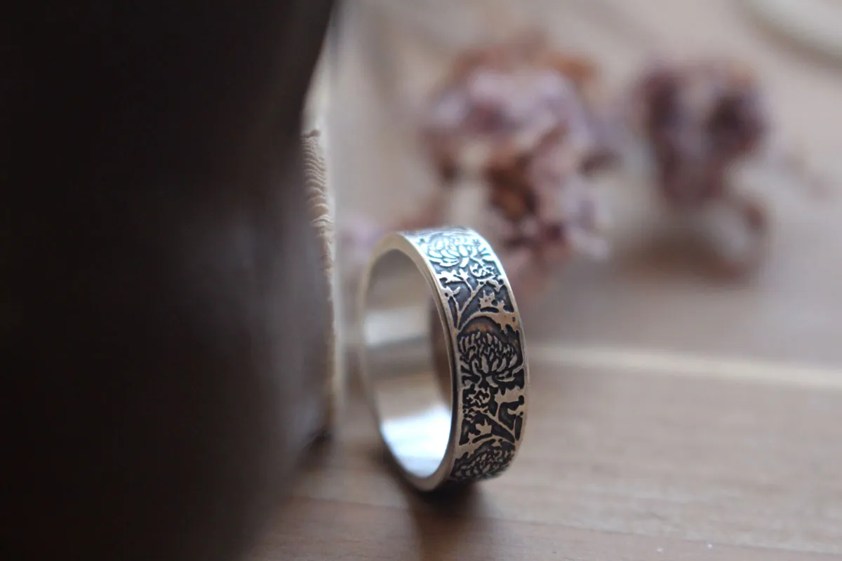 Chrysanthemum, sun flower ring in silver