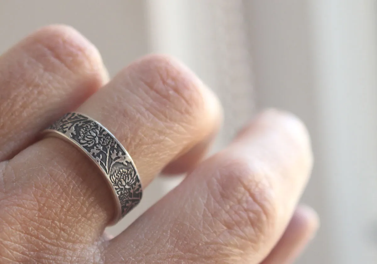 Chrysanthemum, sun flower ring in silver