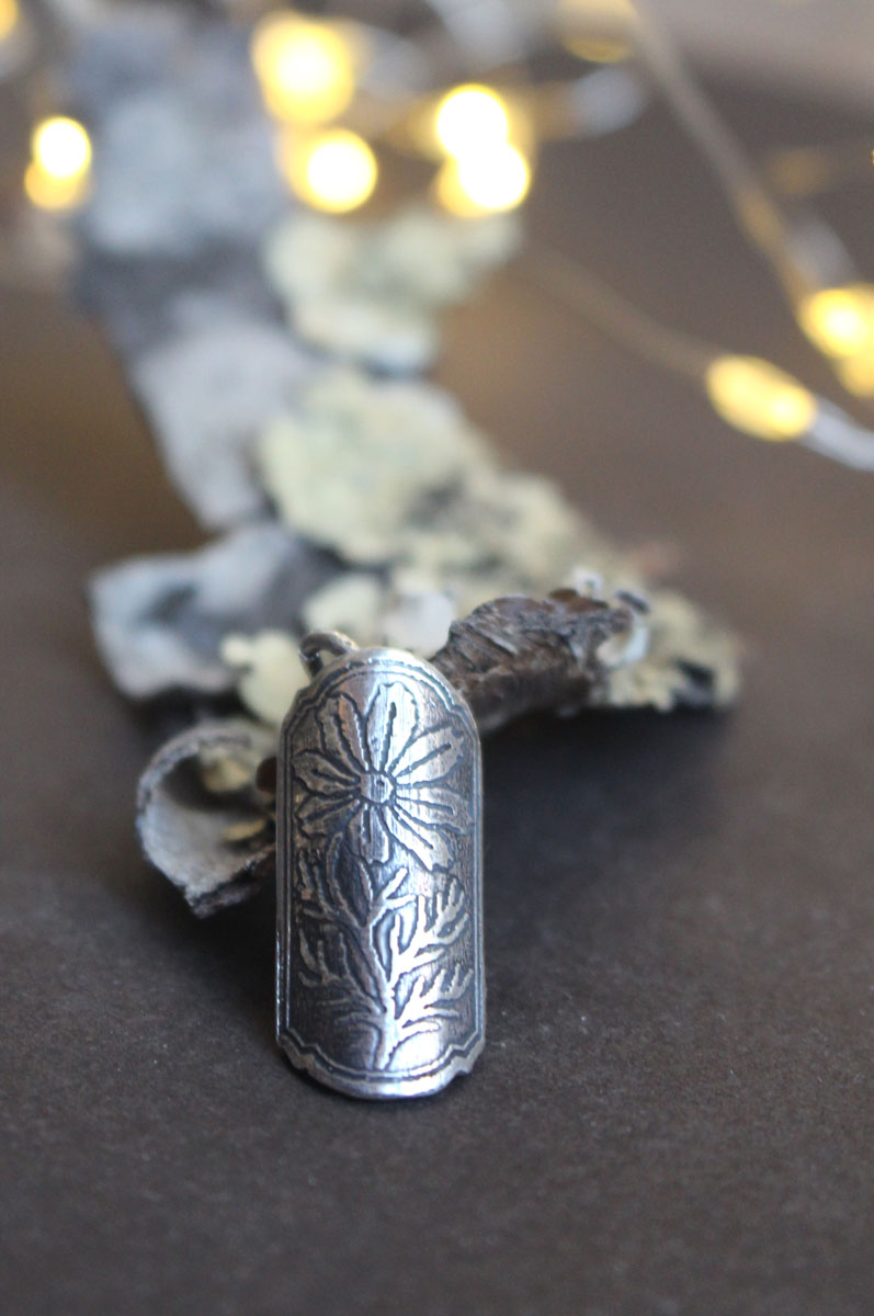 Cosmos flower case, tubular botanical and perfume diffuser pendant in silver