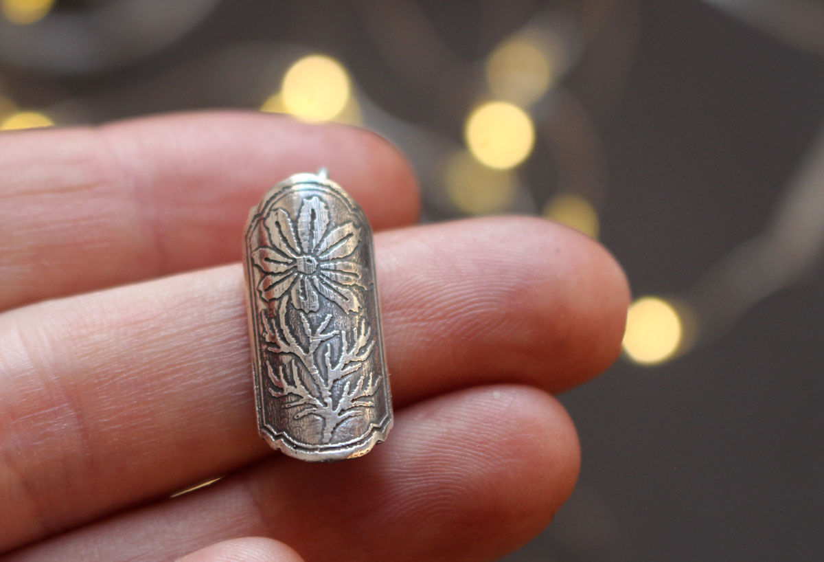 Cosmos flower case, tubular botanical and perfume diffuser pendant in silver