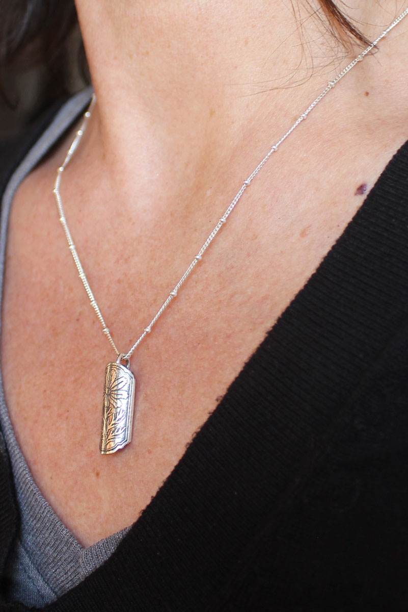 Cosmos flower case, tubular botanical and perfume diffuser pendant in silver