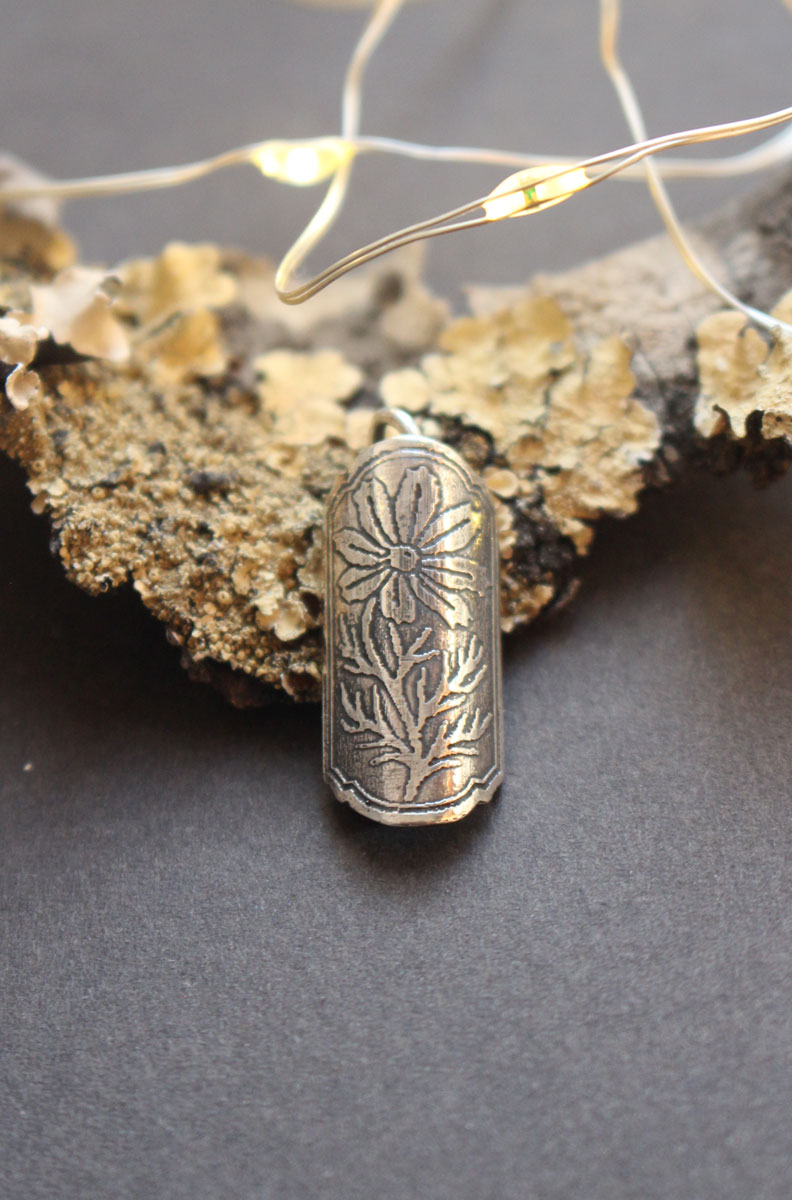Cosmos flower case, tubular botanical and perfume diffuser pendant in silver