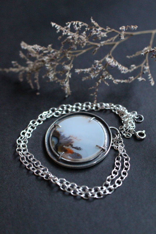 Cradled by the wind, meditative landscape necklace in silver and dendritic agate