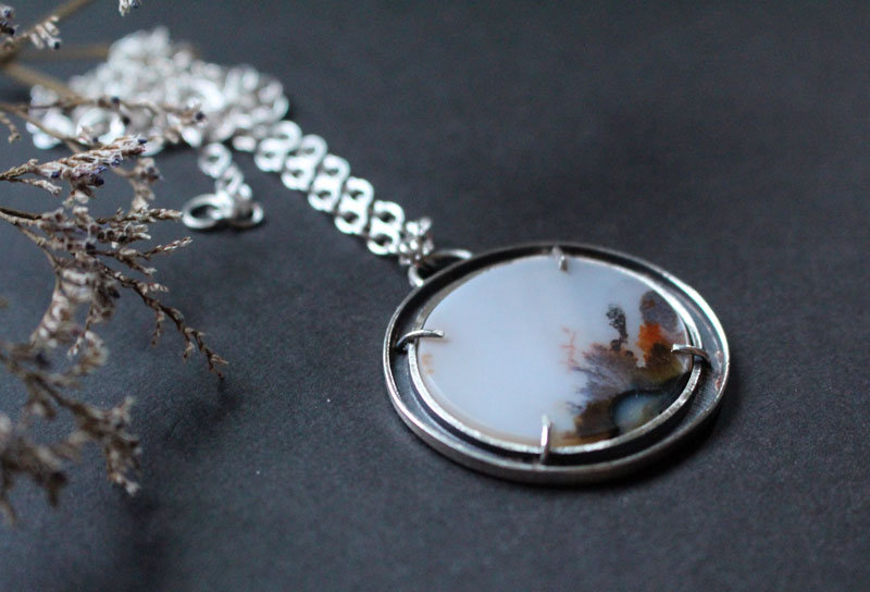 Cradled by the wind, meditative landscape necklace in silver and dendritic agate
