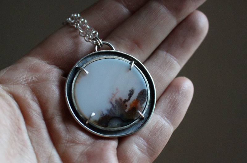 Cradled by the wind, meditative landscape necklace in silver and dendritic agate