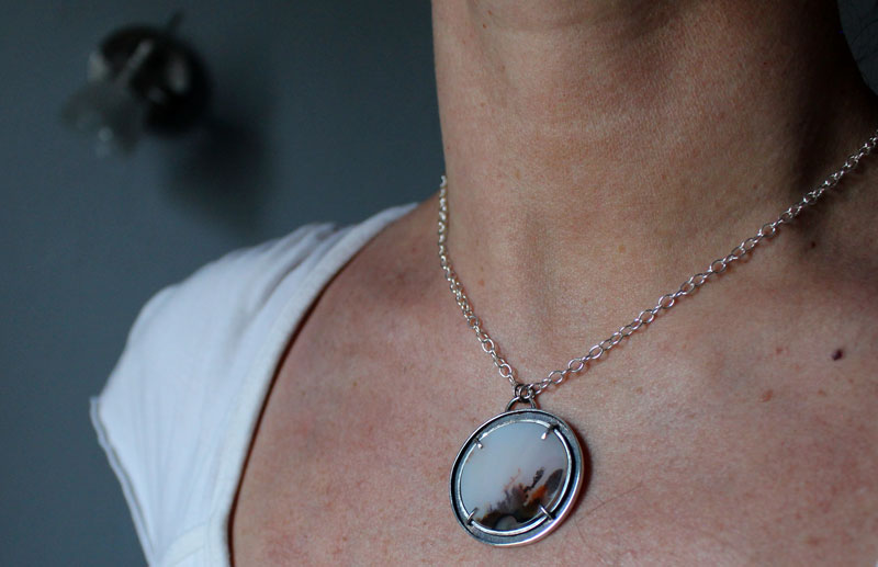 Cradled by the wind, meditative landscape necklace in silver and dendritic agate