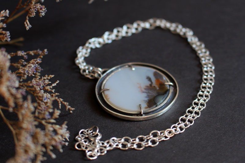 Cradled by the wind, meditative landscape necklace in silver and dendritic agate