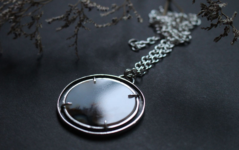 Cradled by the wind, meditative landscape necklace in silver and dendritic agate