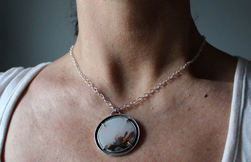 Cradled by the wind, meditative landscape necklace in silver and dendritic agate