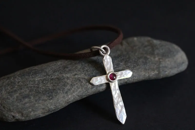 Cross of life, hammered cross necklace in silver and ruby