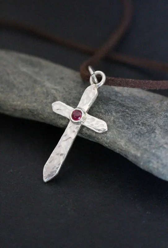 Cross of life, hammered cross necklace in silver and ruby
