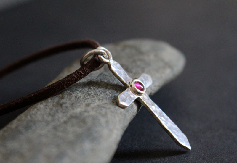 Cross of life, hammered cross necklace in silver and ruby
