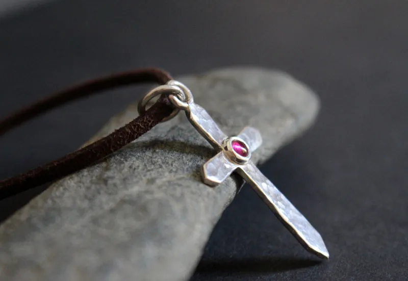Cross of life, hammered cross necklace in silver and ruby