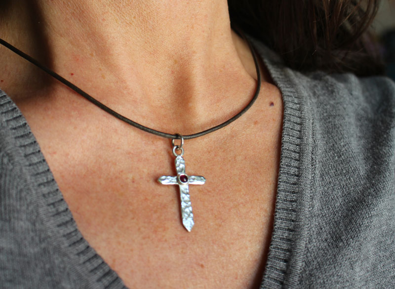 Cross of life, hammered cross necklace in silver and ruby