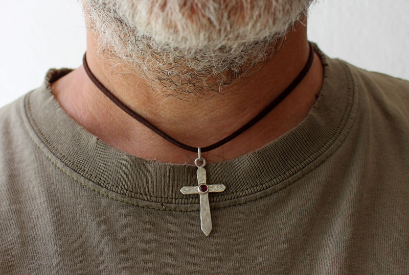 Cross of life, hammered cross necklace in silver and ruby