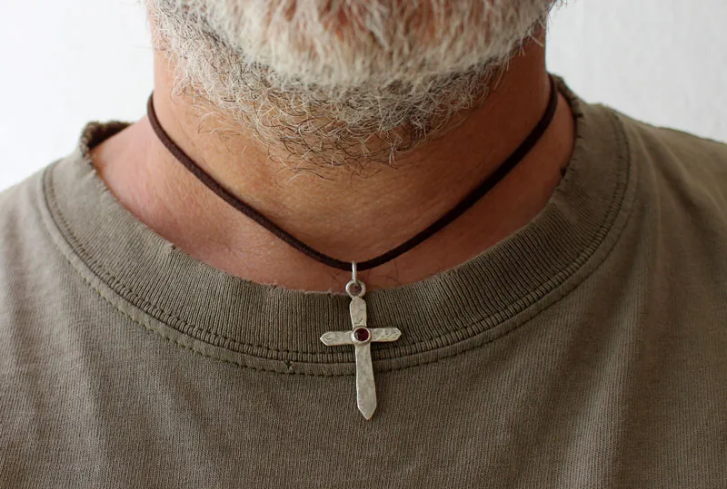 Cross of life, hammered cross necklace in silver and ruby