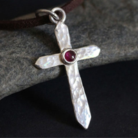 Cross of life, hammered cross necklace in silver and ruby