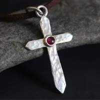 Cross of life, hammered cross necklace in silver and ruby