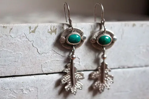 Crystal leaf, botanical earrings in sterling silver and chrysocolla