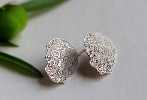 Calaca, mexican skull post earrings in sterling silver