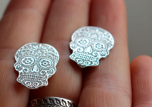 Calaca, mexican skull post earrings in sterling silver