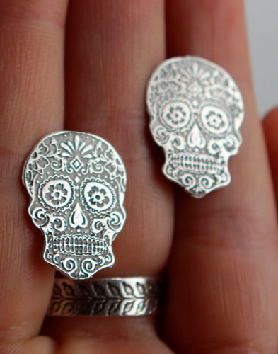 Calaca, mexican skull post earrings in sterling silver