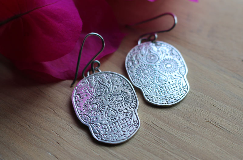Catrina, day of the dead skull earrings in Mexican folklore in sterling silver