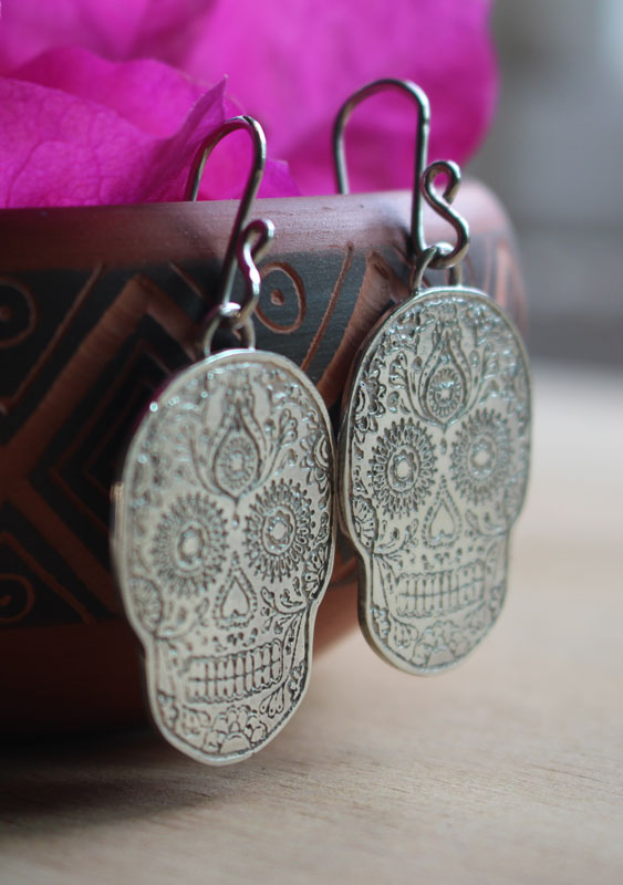 Catrina, day of the dead skull earrings in Mexican folklore in sterling silver