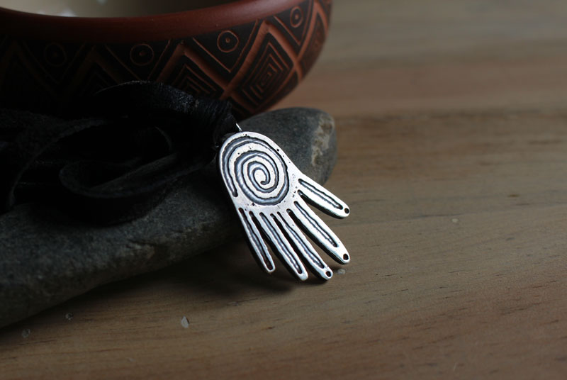 Creative power, Olmec hand necklace in sterling silver