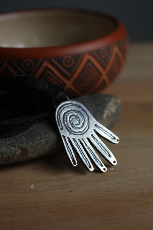 Creative power, Olmec hand necklace in sterling silver