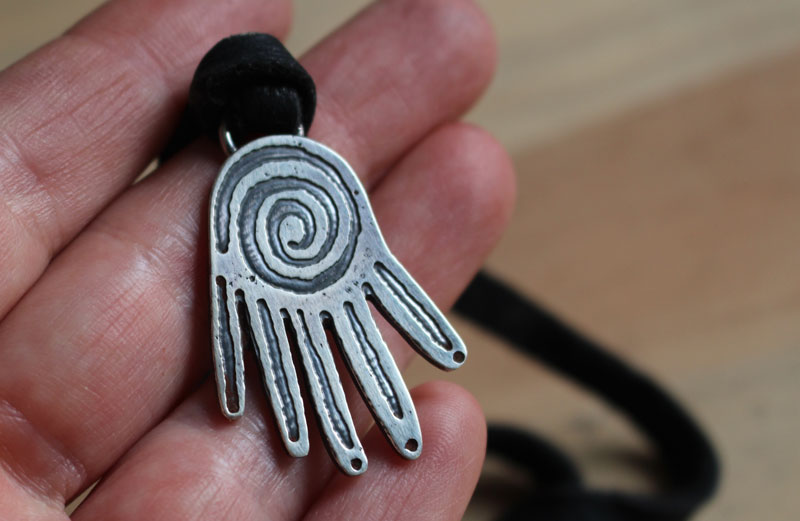 Creative power, Olmec hand necklace in sterling silver