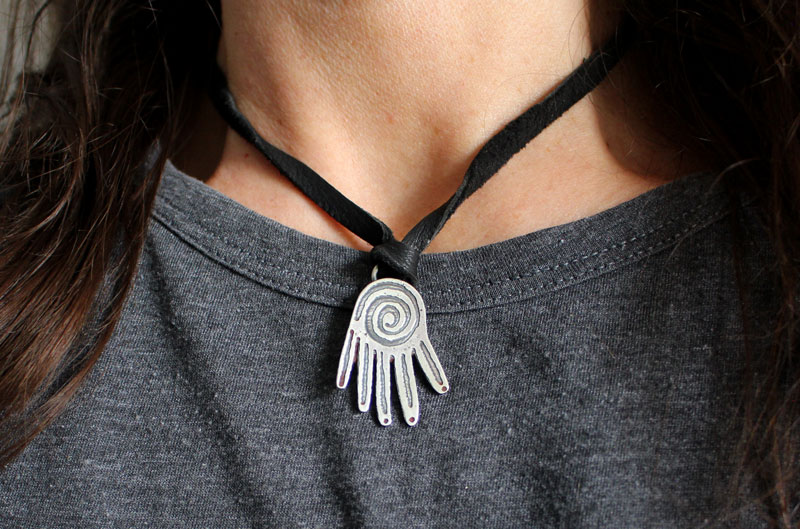 Creative power, Olmec hand necklace in sterling silver