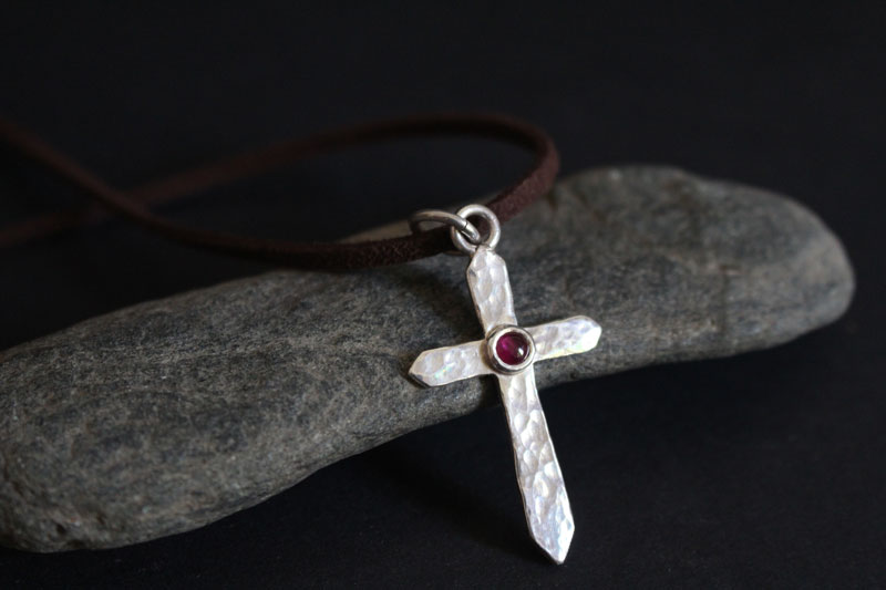 Cross of life, hammered cross necklace in sterling silver and ruby