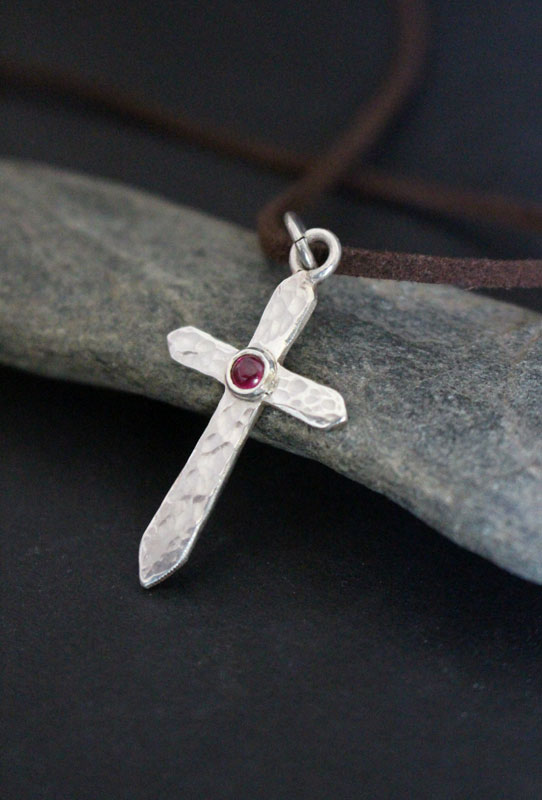 Cross of life, hammered cross necklace in sterling silver and ruby