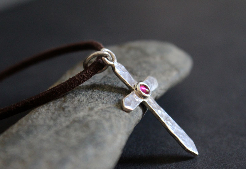 Cross of life, hammered cross necklace in sterling silver and ruby