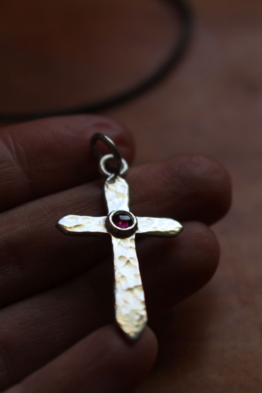 Cross of life, hammered cross necklace in sterling silver and ruby