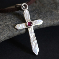 Cross of life, hammered cross necklace in sterling silver and ruby