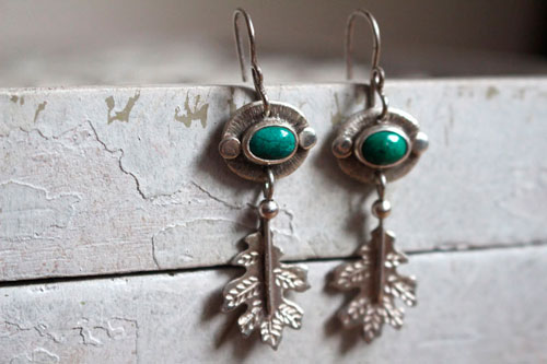 Crystal leaf, botanical earrings in sterling silver and chrysocolla