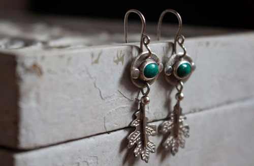 Crystal leaf, botanical earrings in sterling silver and chrysocolla