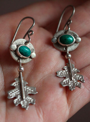 Crystal leaf, botanical earrings in sterling silver and chrysocolla
