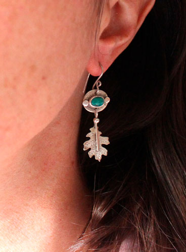 Crystal leaf, botanical earrings in sterling silver and chrysocolla